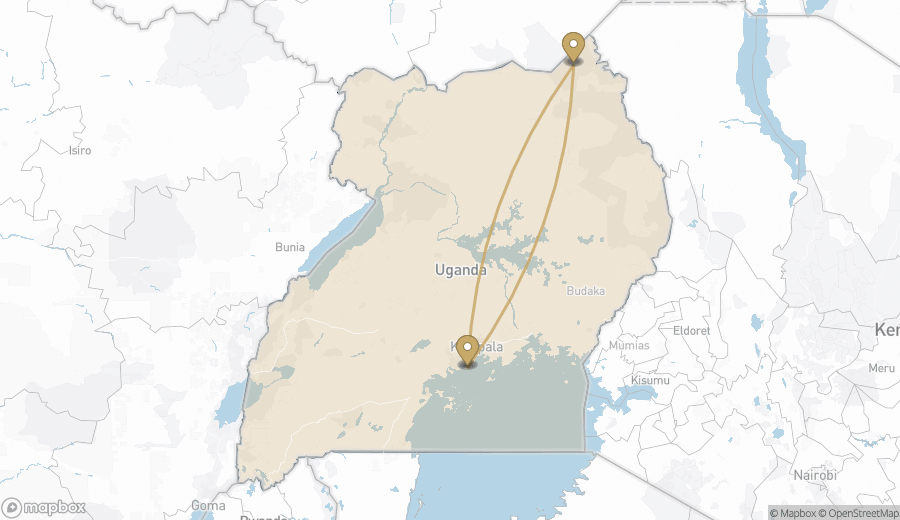 Route map for 4-tägige Ultra-Luxus-Safari nach Kidepo mit Fluganreise
